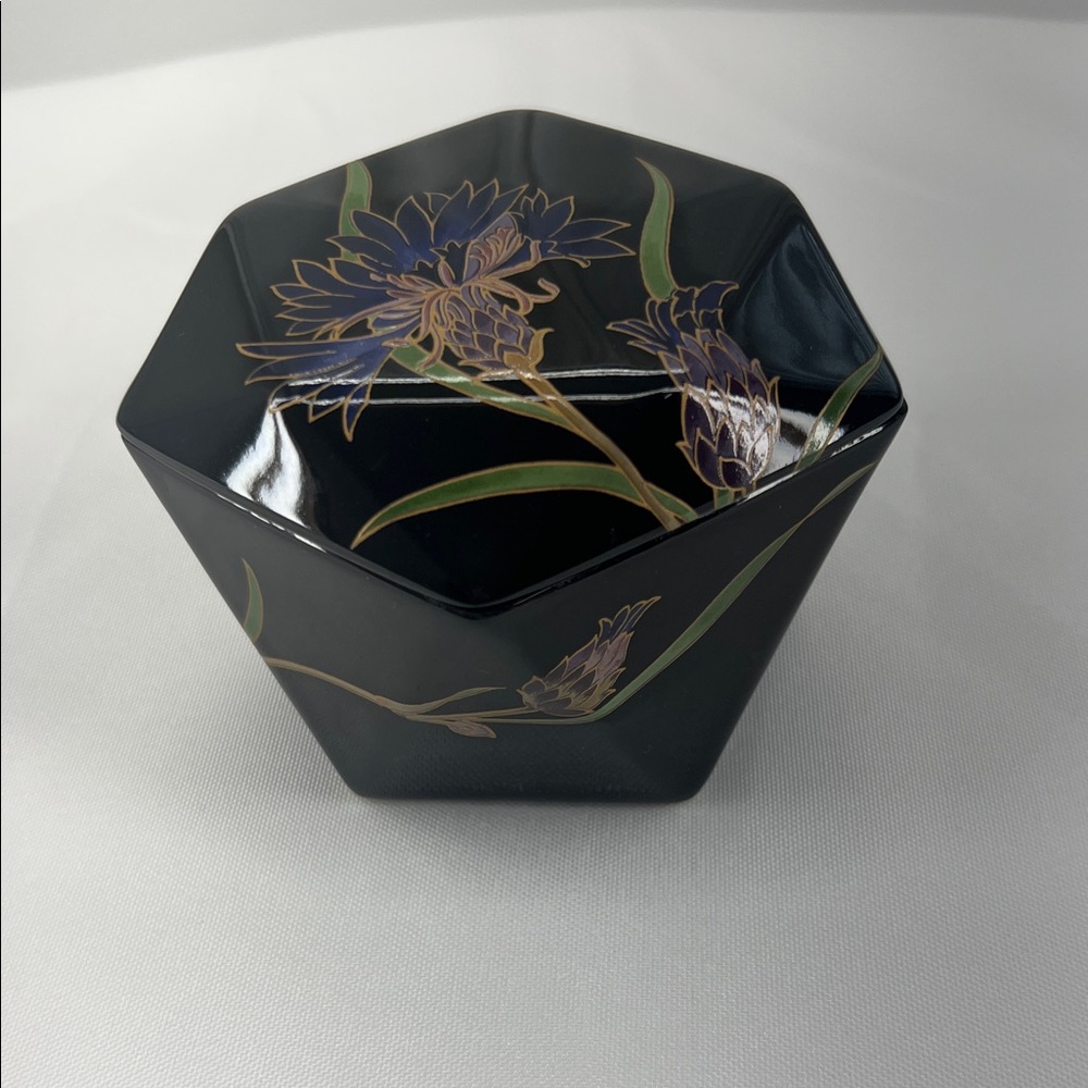 Vintage 80’s Black Enamel Elegant Floral Hexagonal trinket storage box